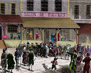 Der Salon der Wachswaren am Boulevard du Temple in Paris im 18. Jahrhundert, gegründet von Curtius, Gravur