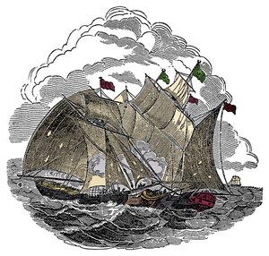 Das Schiff des Piraten Henry Every (John Avery, Long Ben, Benjamin Bridgeman) (? -1695) griff im September 1695 die Flotte des Großmoguls Aurangzeb (Alamgir) vor Surate, Indien an. Gravur aus „The Pirates Own Book“ von Charles Ellms