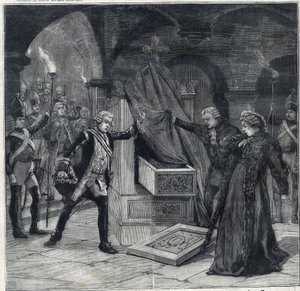 Die Bühne der Keller im Stück "Katharina von Russland" im Theater von Cathelet Paul Ginisty und Charles Samson. Gravur in "Le Petit Parisien" von Anonymous Anonymous