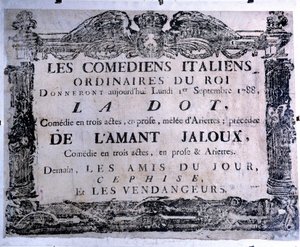 Theaterplakat, das das Stück „The dot“ und „The jealous lover“ präsentiert, aufgeführt von italienischen Komikern, 01/09/1788. Paris. Carnavalet Museum von Anonymous Anonymous