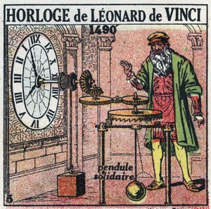 Zeit: Gewichtsuhr erfunden von Leonardo da Vinci (1452-1519) im Jahr 1490. Sie ersetzt das Pendel durch eine vertikale Balance. Anonyme Illustration von 1925. Private Sammlung. von Anonymous Anonymous
