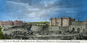 Ansicht der Bastille von Paris, der Porte Saint Antoine und eines Teils des Vororts im 18. Jahrhundert, Gravur, private Sammlung