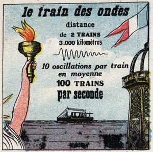 Drahtlose Telegrafie: Der Zug der Wellen. Zwischen Paris und New York gibt es nie mehr als zwei Wellen. Anonyme Illustration von 1925. Private Sammlung.