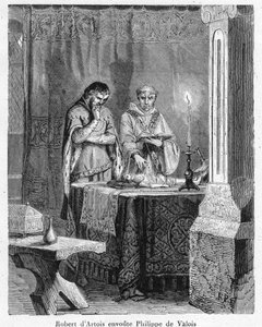 Hexerei und schwarze Magie: „Der Herr Robert III. von Artois (1287-1342) verzaubert Johann von Valois (Johann II., genannt Johann der Gute), Sohn von König Philipp VI., auf einer Wachsfigur in seinem Bild (Voodoo)