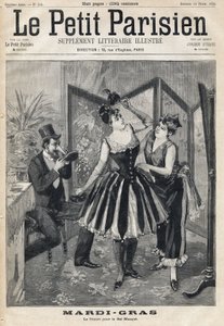 Frauen bereiten ihre Verkleidung hinter einem Bildschirm vor und ein Mann probiert seine Maske in Form eines Elefantenrüssels für den Maskenball des Karnevals. In „Le Petit Parisien“ am 19.02.1893