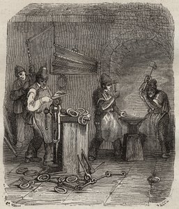 Arbeiterkräfte im Rochefort-Bagne im 19. Jahrhundert. Gravur in „Histoire des bagnes depuis leur création à nos jours“ (1877) von Pierre Zaccone (1817-1895). Private Sammlung. von Anonymous Anonymous