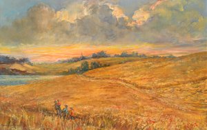 Kornfelder bei Sonnenuntergang mit Blick auf den Fluss Orwell von Anthea Durose