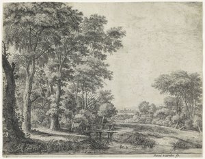Waldrand mit einer Holzbrücke von Anthonie Waterloo