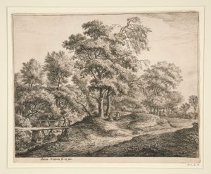 Die Bäuerin und das Mädchen auf der kleinen Holzbrücke von Anthonie Waterloo