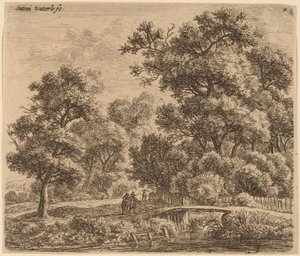 Waldlandschaft mit einer Brücke von Anthonie Waterloo