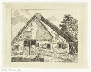Frau mit Korb sitzend vor einem Haus von Anthonie van den Bos