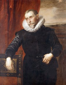 Porträt von Frans Snyders, halblang, in schwarzem Kostüm, auf einen Stuhl gelehnt, eine Landschaft dahinter