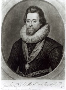 Porträt von James I (1566-1625) nach einer Miniatur von Nicholas Hilliard (1547-1619) von 1617, graviert von George Vertue