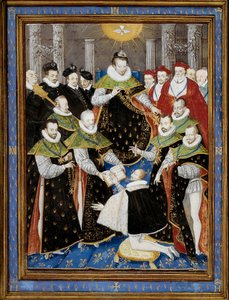 König Heinrich III. (1551-1589) leitet die erste Zeremonie des Ordens des Heiligen Geistes im Jahr 1587 Miniatur von William Richardiere (16. Jahrhundert) nach Antoine Caron (1521-1599) 1587 Chantilly, Musee Conde von Antoine (after) Caron