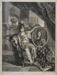 Ludwig XIV., König von Frankreich, Beschützer der Wissenschaften - Gravur von Antoine Coypel Geschichte der Königlichen Akademie der Wissenschaften, Jahr 1703