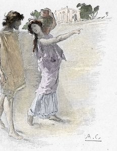 Odyssee von Homer: Gesang VII: Odysseus, von Athena verkleidet als junges Mädchen, kommt zum Palast von Alkinoos Illustration von Antoine Calbet (1860-1944) für „Die Odyssee“ von Homer 1897 Private Sammlung von Antoine Calbet