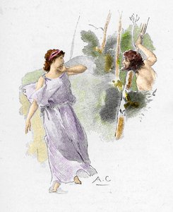 Odyssee von Homer: Nausikaa, Tochter von König Alkinoos, sieht Odysseus nackt und hungrig und bittet sie um Hilfe. Illustration