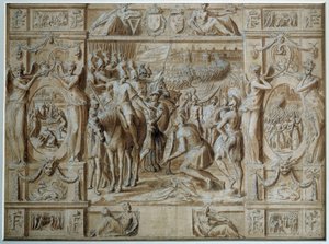 Die Unterwerfung von Mailand. Die Truppen von Franz I. eroberten die Stadt Mailand nach dem Sieg in der Schlacht von Marignano im Jahr 1515. Zeichnung in Feder und Tinte von Antoine Caron, 16. Jahrhundert Paris, Louvre Museum von Antoine Caron