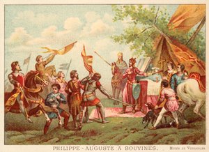 Philipp II. von Frankreich bei Bouvines, 1214 (Chromolithographie) von Antoine Charles Horace Vernet