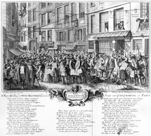 Investoren vor dem Hauptsitz der Banque Royale in der Rue Quincampoix, Paris, 1720
