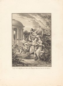 Frontispiz: Mit Hilfe der Weisheit entkommt man der Liebe in die Arme der Vernunft von Antoine Jean Duclos after Jean Michel Moreau