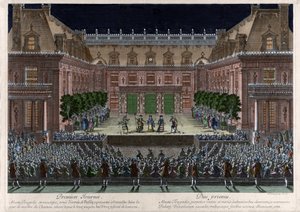 Darstellung im Marmorhof des Schlosses von Versailles, „Alceste“ von Jean Baptiste Lully (Giovanni Battista Lulli) (1632-1687) für die Feierlichkeiten anlässlich der Eroberung der Franche-Comté (1674). Gravur von Le Pautre