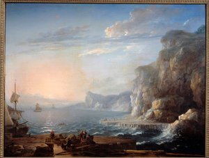 Sonnenuntergang Eine Landschaft mit Klippen und Felsen am Meer, mit Fischern im Vordergrund. 18. Jahrhundert