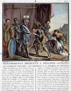 Montmorency wird Philipp Augustus (1165-1223) nach der Schlacht von Bouvines vorgestellt, graviert von Jean Baptiste Morret von Antoine Louis Francois (after) Sergent Marceau
