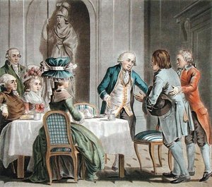 Der Comte de Vaux (1705-88) bietet einem Bauern Essen und Trinken an, graviert von Jean Baptiste Morret (fl.1790-1820)
