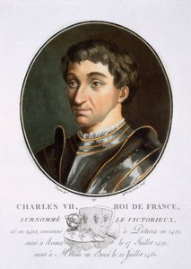 Karl VII., aus Portraits des grands hommes, femmes illustres, et sujets mémorables de France, graviert und in Farben gedruckt, veröffentlicht von Pierre Blin, 1786-92, Paris