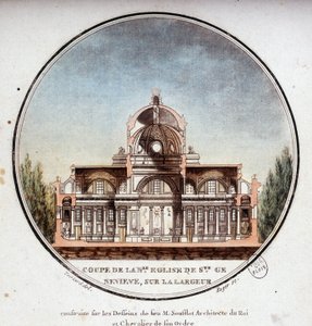 Querschnitt der neuen Kirche Sainte Geneviève, gebaut nach den Zeichnungen des Architekten Soufflot, Paris. In malerischen Ansichten der Hauptgebäude von Paris von Sergeant