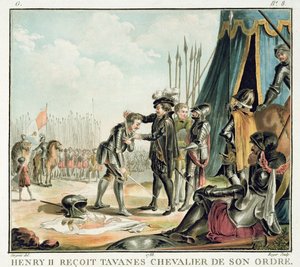 Henri II. (1519-59) empfängt Jean de Tavanes als Ritter in seinen Orden, graviert von Roger, 1788 von Antoine Louis Francois Sergent Marceau