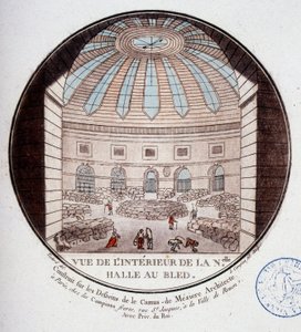 Ansicht des Inneren der neuen Markthalle, gebaut von Le Camus de Mézières zwischen 1763 und 1766, heute die Börse in Paris. In malerischen Ansichten der Hauptgebäude von Paris von Sergeant