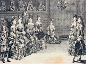 Herzog von Burgund, Herzogin von Maine, Prinzessin von Conti und Herzöge von Chartres hören Musik