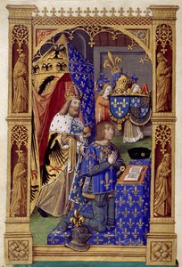 Der König von Frankreich Ludwig XII. (1462-1515) im Gebet mit Karl dem Großen hinter ihm - Miniatur von Antoine Verard (1485-1512) in "Das Stundenbuch von Karl VIII." von Antoine Verard