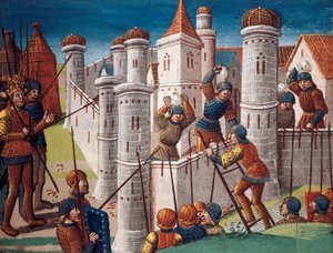 Belagerung einer Stadt, Miniatur aus dem Manuskript "Der Roman von Ogier dem Dänen"