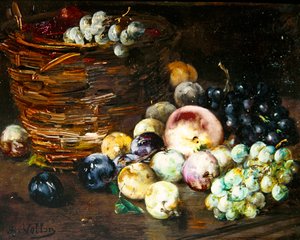 Stillleben eines Korbes mit Früchten auf einem Tisch