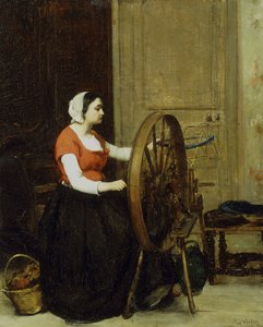 Frau und Spinnrad, ca. 1860? von Antoine Vollon
