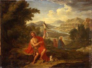 Johannes der Täufer in der Wildnis, zeigt auf Christus, der Fluss Jordan im Hintergrund, 1759 von Antoine de Favray