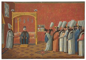 Die Vorstellung des Grafen de Vergennes, Botschafter von Ludwig XV., beim Sultan Uthman III. im Thronsaal des Topkapi-Palastes am 3. Juni 1755