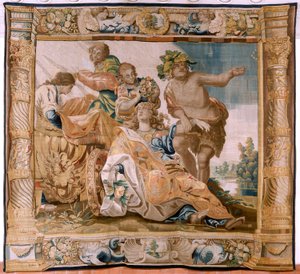 Flämische Tapisserie. Serie Geschichte des Theseus. Bacchus nimmt Ariadne zur Frau. Neunter Wandteppich in der Serie. Modell Anthonis Sallaert. Herstellung Jan Raes der Jüngere, Brüssel. Ca 1630.