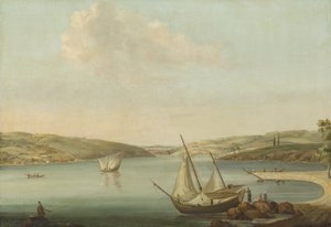 Ansicht des Bosporus, aufgenommen von der Höhe von Beykoz im Nordwesten, mit dem Aquädukt von Justinian im Hintergrund