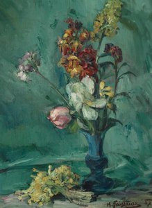 Blumen in blauer Vase und Schlüsselblumenstrauß von Anton Faistauer