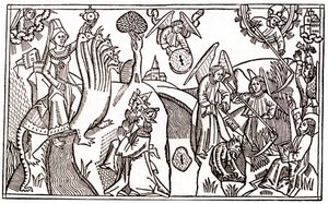 Die große Hure von Babylon reitet auf dem siebenköpfigen Tier und die Engel schneiden Weizen, während sie den Teufel gefangen halten