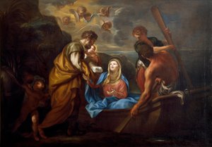 Die Flucht nach Ägypten. Die heilige Familie besteigt ein Boot. Gemälde von Anton Maria Piola (1654-1715)
