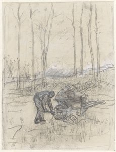 Bauer bei der Arbeit mit einer Schubkarre im Wald