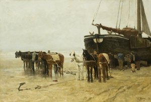 Bomschuit mit Schlepppferden am Strand von Scheveningen