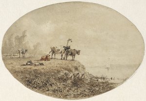 Kühe am Wasser, in der Ferne ein Segelschiff von Anton Mauve