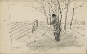 Stehender Mann mit einem Stock und einem Tier auf einem gepflügten Feld von Anton Mauve