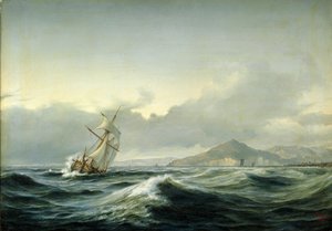 Meereslandschaft mit Segelschiff in stürmischer See. Im Hintergrund eine felsige Küste von Anton Melbye